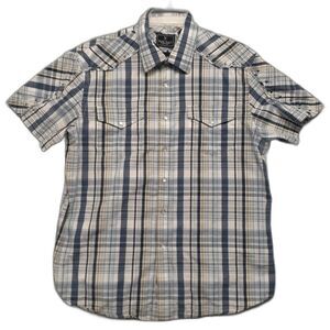 Marc Ecko Men Sz L Western Shirt Blue Plaid Pearl Snap Studded Short Sleeve